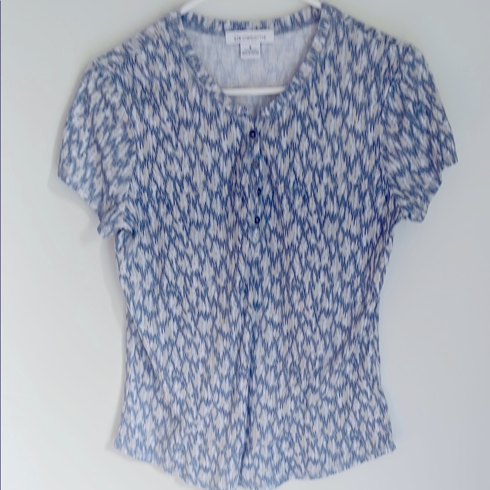 Liz Claiborne Blue and White Fitted Blouse with Peter Pan Collar